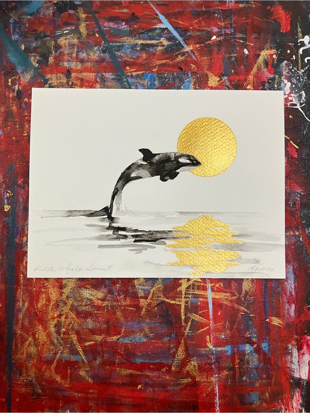 Original killer whale sunset painting ocean art jumping whale gold accent USA